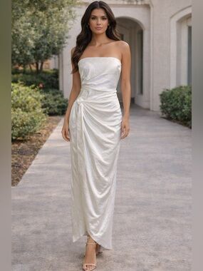 ⸻

SELFIE LESLIE White Satin Strapless Maxi Dress NWT Size Medium Elegant Slit
